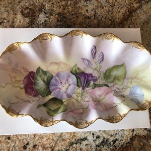 Haviland Limoge oval dish plate platter ruffled edge with morning glory flowers